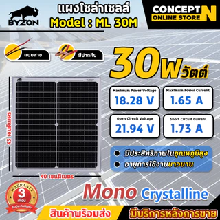 แผงโซล่าเซลล์ BYZON 18V 10W 20W 30W 40W 50W MONO พร้อมสายคีบแบต Solar Cell โซล่าเซลล์ Solar Panel กันน้ำ ประกัน 3 เดือน
