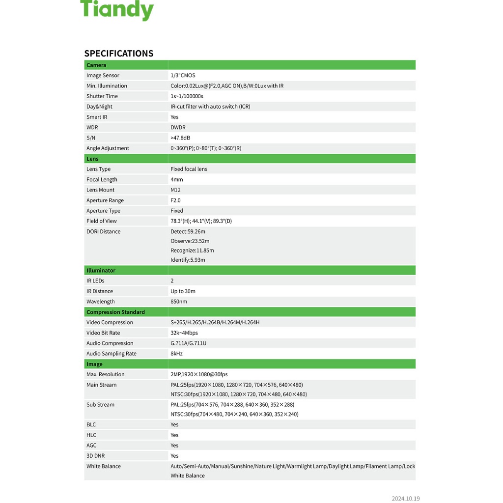 TIANDY TC-C321N SPEC:I3/E/Y/4MM/V2.0 IP CAMERA 2MP มีไมค์ในตัว ต้องเดินสายใช้งานแบบ POE ร่วมกับเครื่องบันทึกเท่านั้น