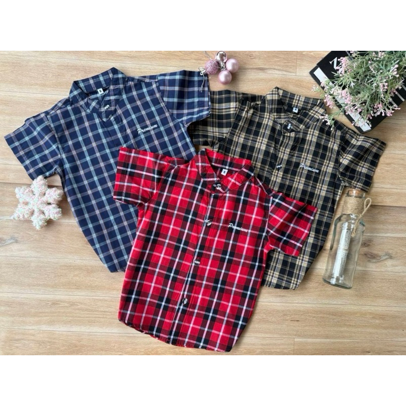 เสื้อเชิ้ตเด็กคอจีนแขนสั้นลายสก็อต