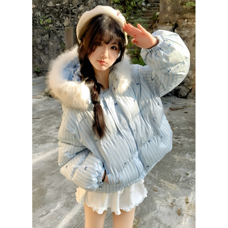New Bow Striped R014 พร้อมส่ง เสื้อกันหนาวเสื้อโค้ท ลายริ้วโบว์