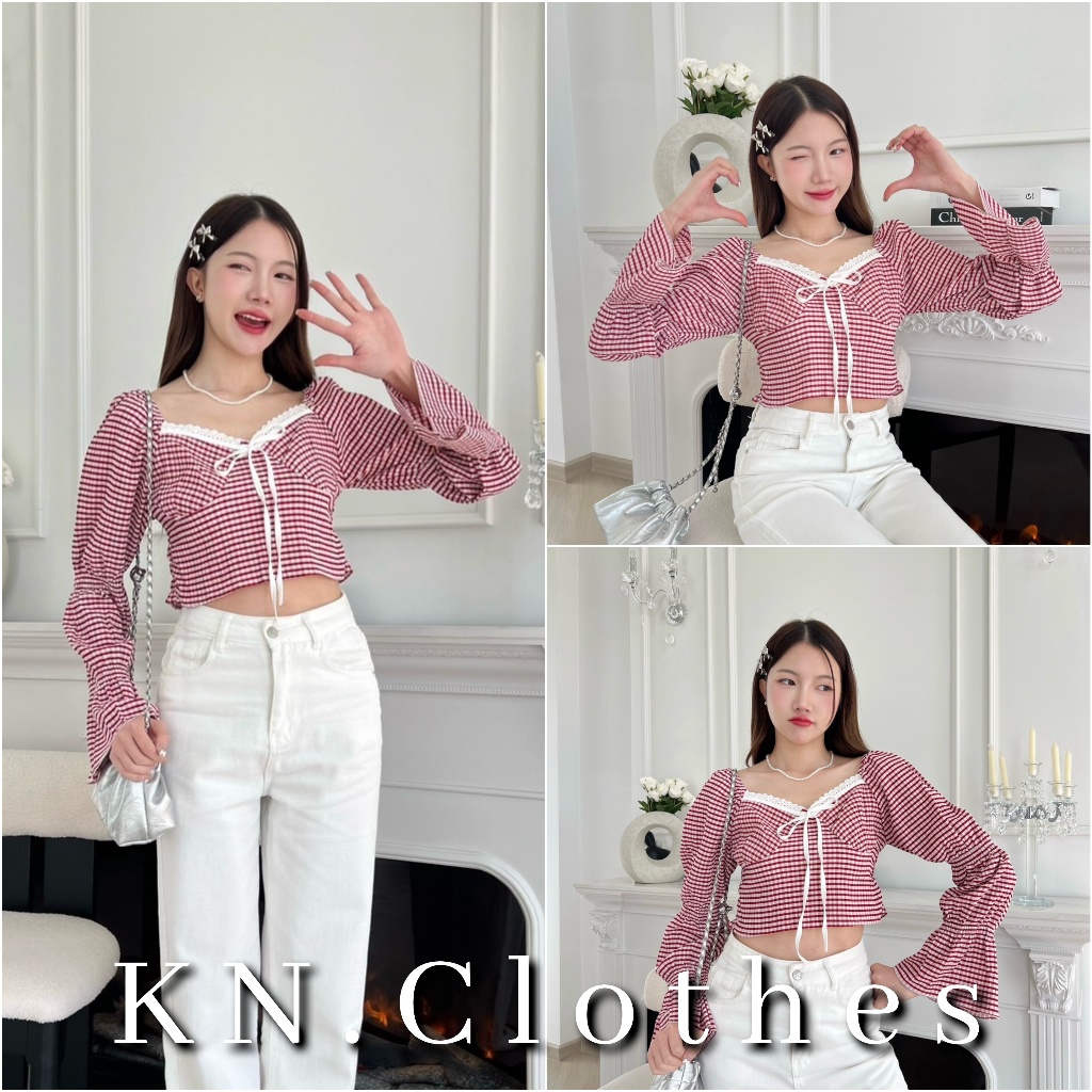 KN.Clothes เสื้อครอปแขนญาญ่า แต่งกุ้นโบว์หน้าอก สม็อคด้านหลัง Prod