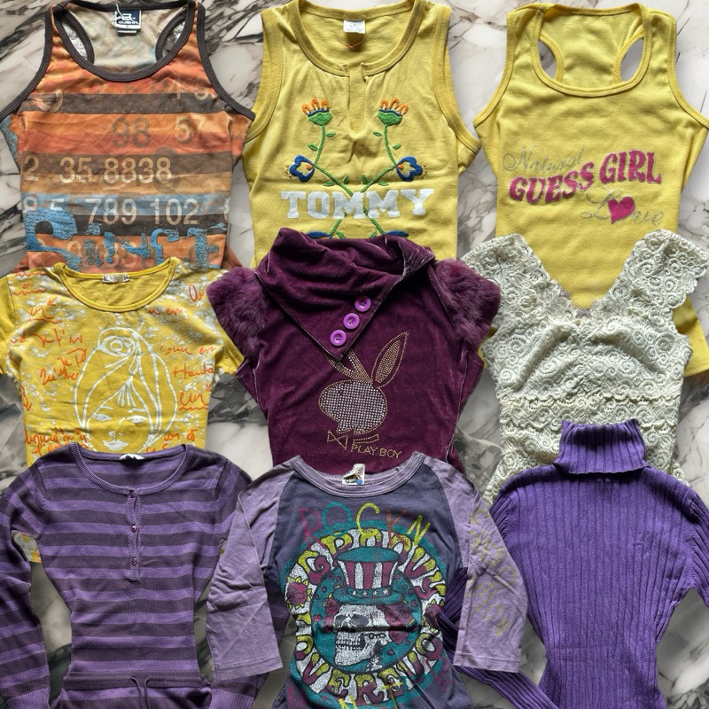 ┆ 🎀  ‹ Lot 1 01/02 › เสื้อยืดเบบี้ทีมือสอง แบรนด์แท้ สไตล์ coquette y2k ‧ โทนเหลือง-ม่วง ⟢  ິ   𓈒ֺּׅ