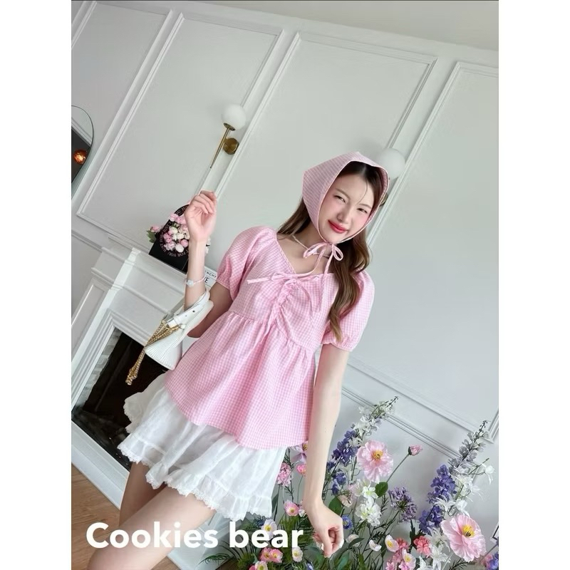 เสื้อชมพู+ผ้าโพกผม ป้าย Cookies bear