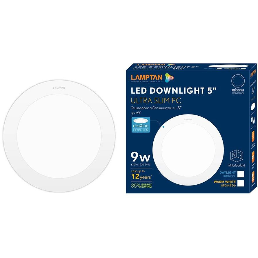 โคมไฟดาวน์ไลท์ รางนีออน LED LAMPTAN ULTRA SLIM PC 9 วัตต์ DAYLIGHT 5 นิ้ว สีขาว กลม โคมพลาสติก
