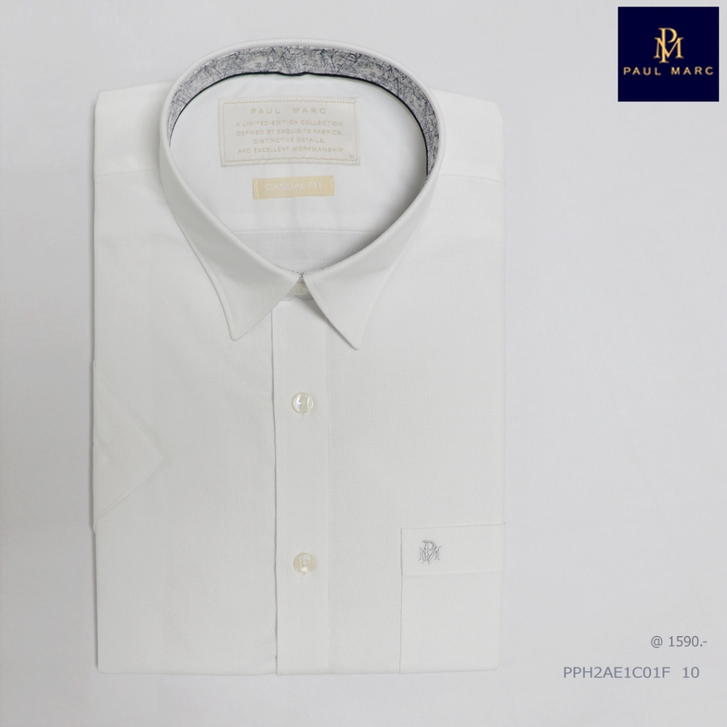 PAUL MARC เสื้อเชิ้ตแขนสั้นสีขาว ผ้า OXFORD พร้อมชิ้นแต่งคอลายพิมพ์ ผ้านุ่มใส่สบาย PPH2AE1C01F