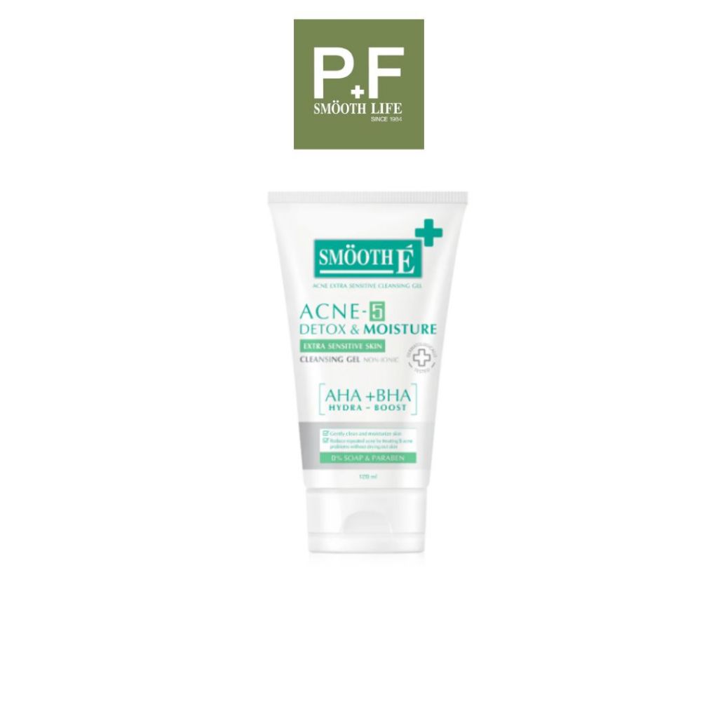 Smooth E Acne-5 Detox & Moisture Extra Sensitive Cleansing Gel 120 ml. เจลใสล้างหน้ารักษาสิว ผิวแพ้ง่าย ขจัดความมัน