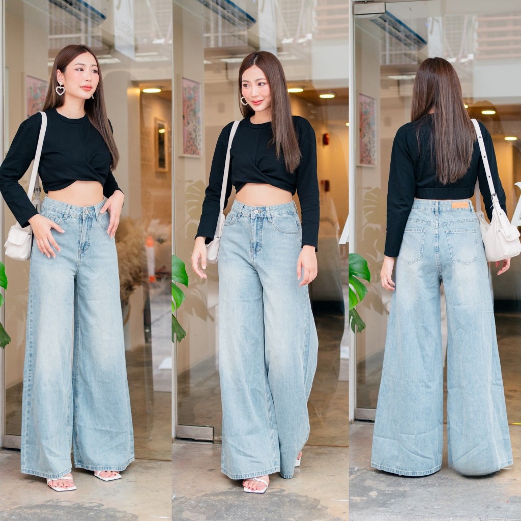 ninn jeans👖8924 กางเกงยีนส์ขาบาน เอวสูง ผ้าไม่ยืด ทรงวินเทจ ฟอกสีสนิมอ่อน งานพรีเมียมนำเข้า