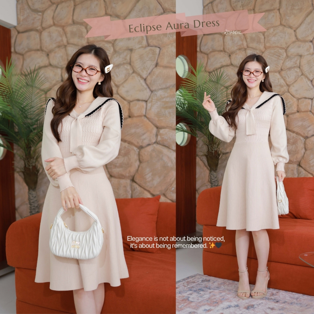 Eclipse Aura Dress (Cream) K113 ชุดเดรสสีครีม (คอปกทหารแขนยาว)