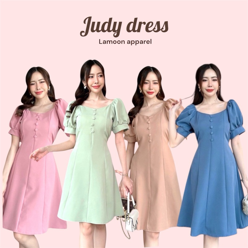 Judy dress เดรสดึงยางไหล่เเขนสั้น เเต่งกระดุมผ้าด้านหน้า5 เม็ด ป้าย VERA