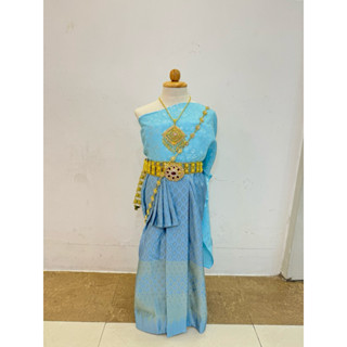 ชุดไทยเด็กสไบลายออเจ้า เกาะอกสำเร็จสีฟ้า แมตท์กระโปรงไหมทอสี…