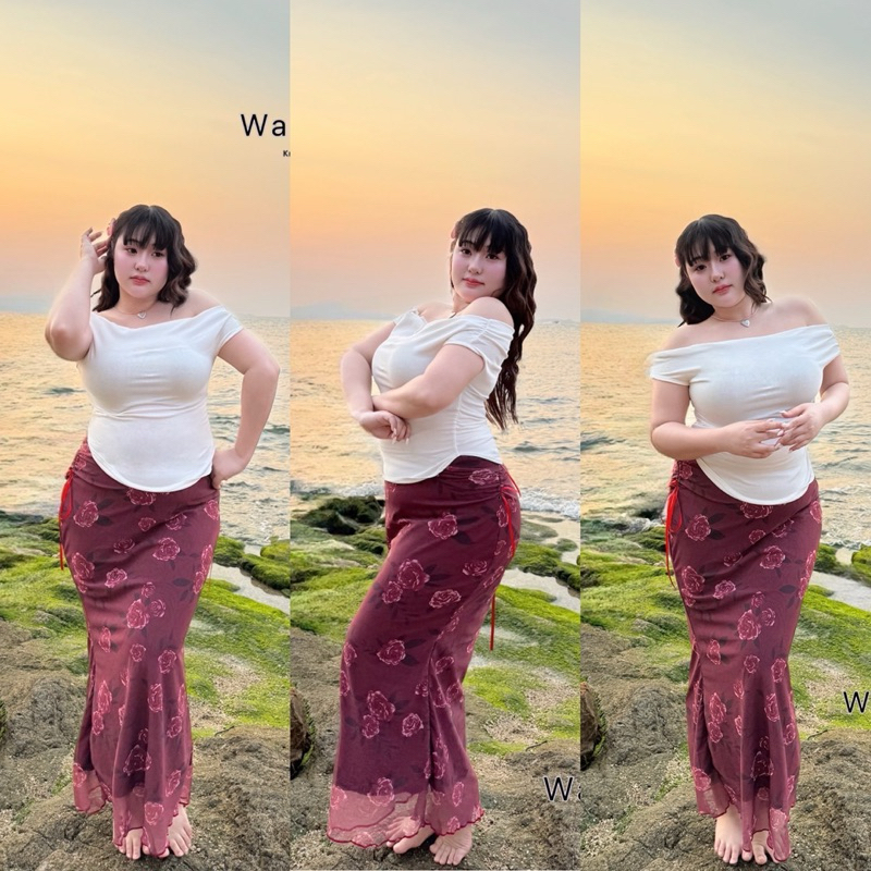 /WP/ กระโปรงยาว สาวอวบ ลายดอกกุหลาบ รูดข้างได้ เก็บทรงเข้ารูป #เสื้อผ้าไซส์ใหญ่ สาว อ้วน พลัสไซส์