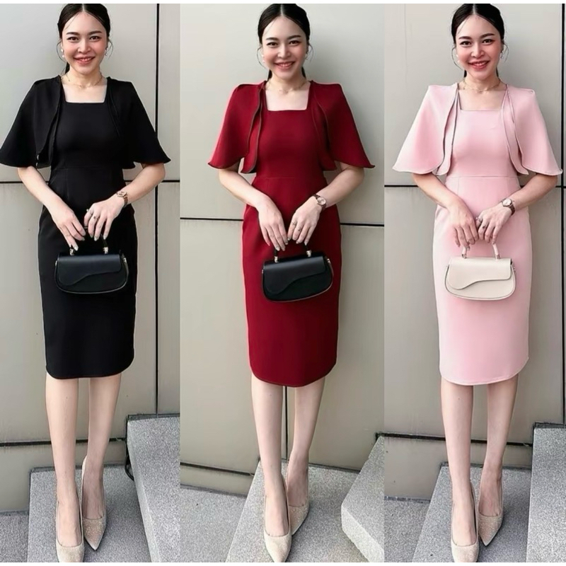 ชุดเดรสแขนระบายคลุมไหล่ 2 ชั้น