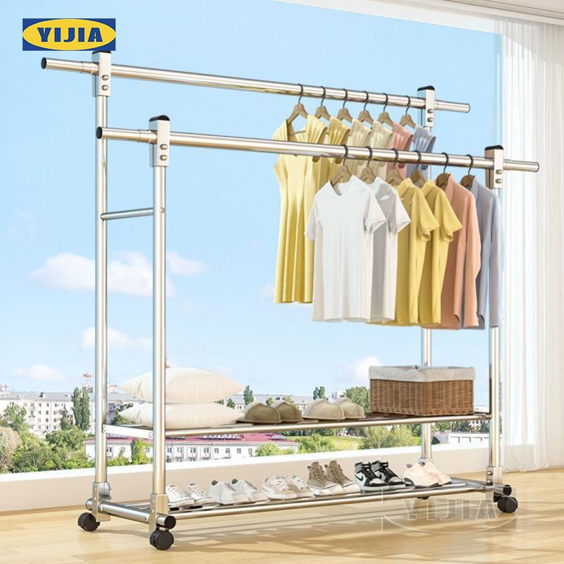 YIJIAราวแขวนผ้าบาร์คู่ ราวตากผ้า พร้อมล้อเลื่อนเคลื่อนย้ายสะดวก ราวตากผ้าสแตนเลส แข็งแรง รับน้ำหนักไ