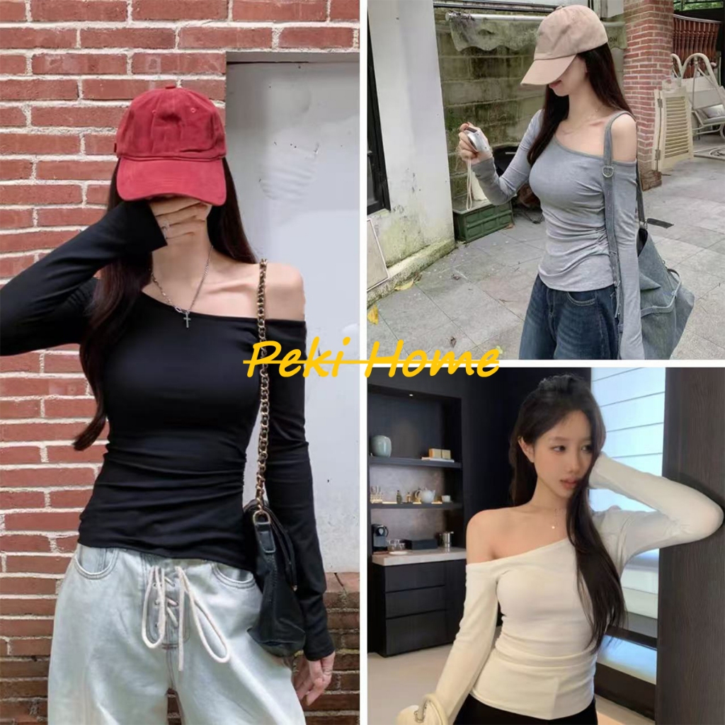 เสื้อยืดแขนยาวผู้หญิง เก็บเอวเปิดไหล่คอเฉียงใหม่ล่าสุด
