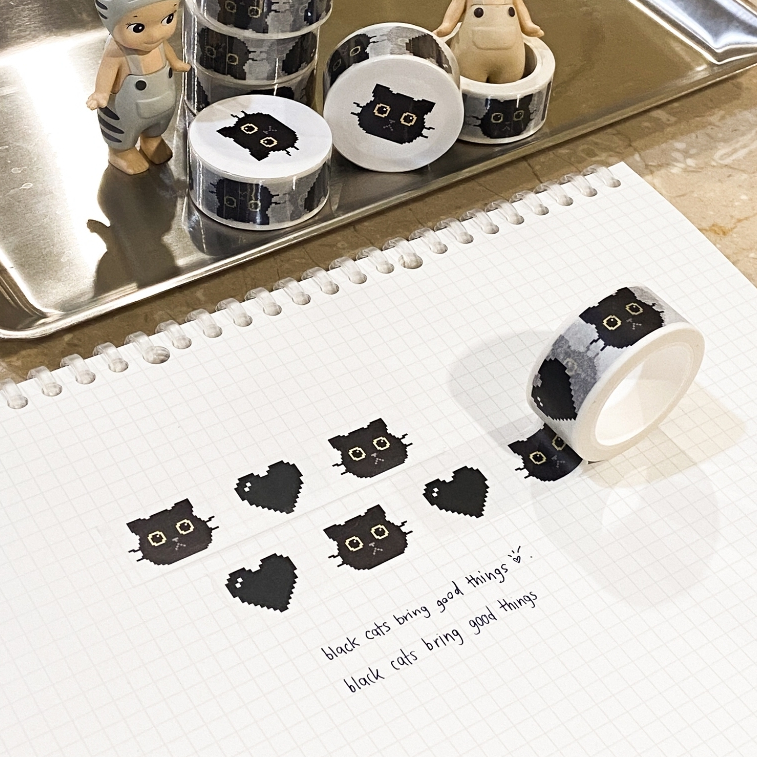 Washi Tape Black Cat น้องแมวดำ หน้าเทปขนาด 2cm เทปตกแต่ง เทปวาชิ