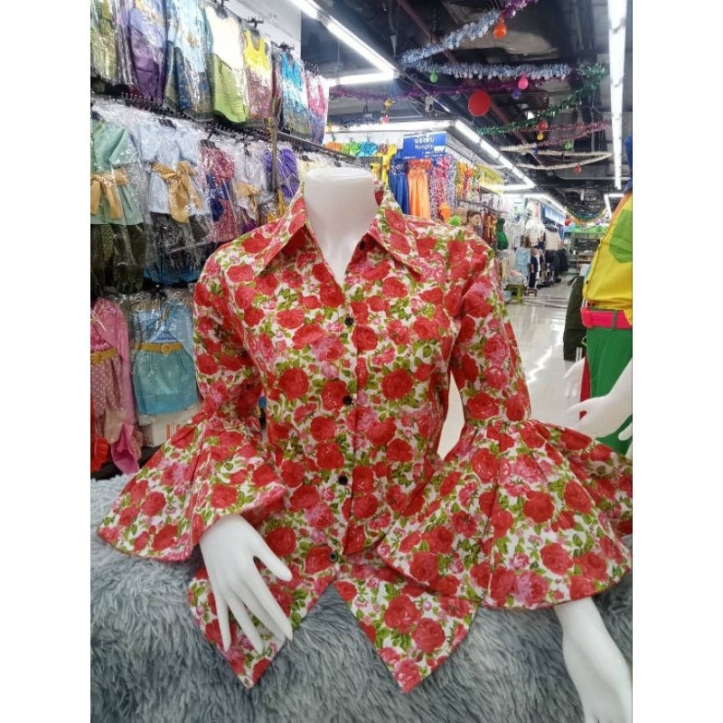 เสื้อเชิ้ตคอปก เสื้อเชิ้ตสงกรานต์ Flower Print ลายดอกแขนกระดิ่ง