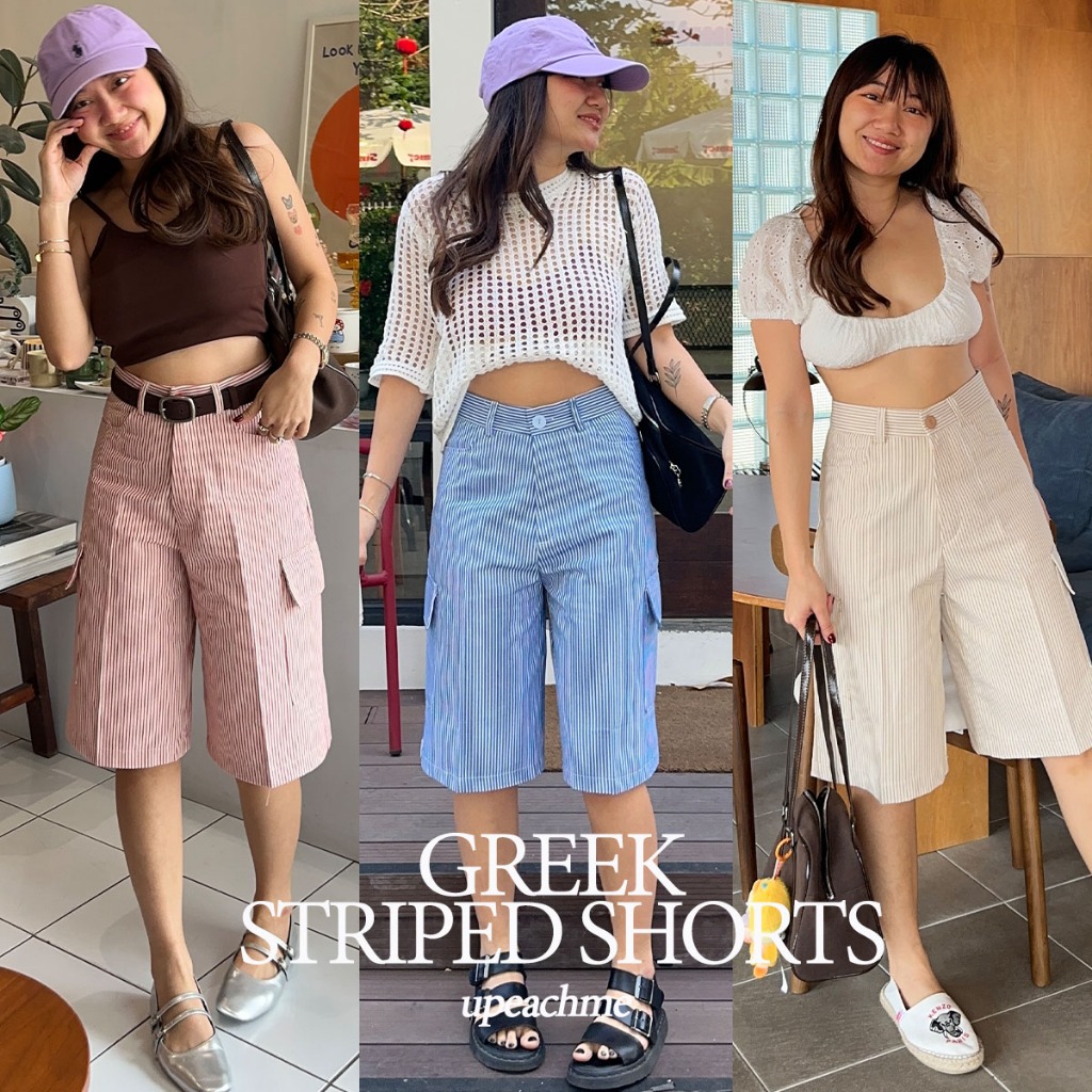 *มีส่งด่วน* upeachme(H6.4,6.5) Greek striped shorts (S-3XL) กางเกงยีนส์ขาสั้นลายทางทรง4ส่วน กางเกงคาร์โกขาสั้นสี่ส่วน