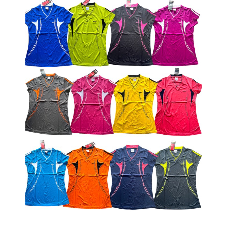 เสื้อกีฬาผู้หญิงเสื้อผู้หญิงทรงเข้ารูปคอวีแขนสั้นแต่งแถบสีสดใส