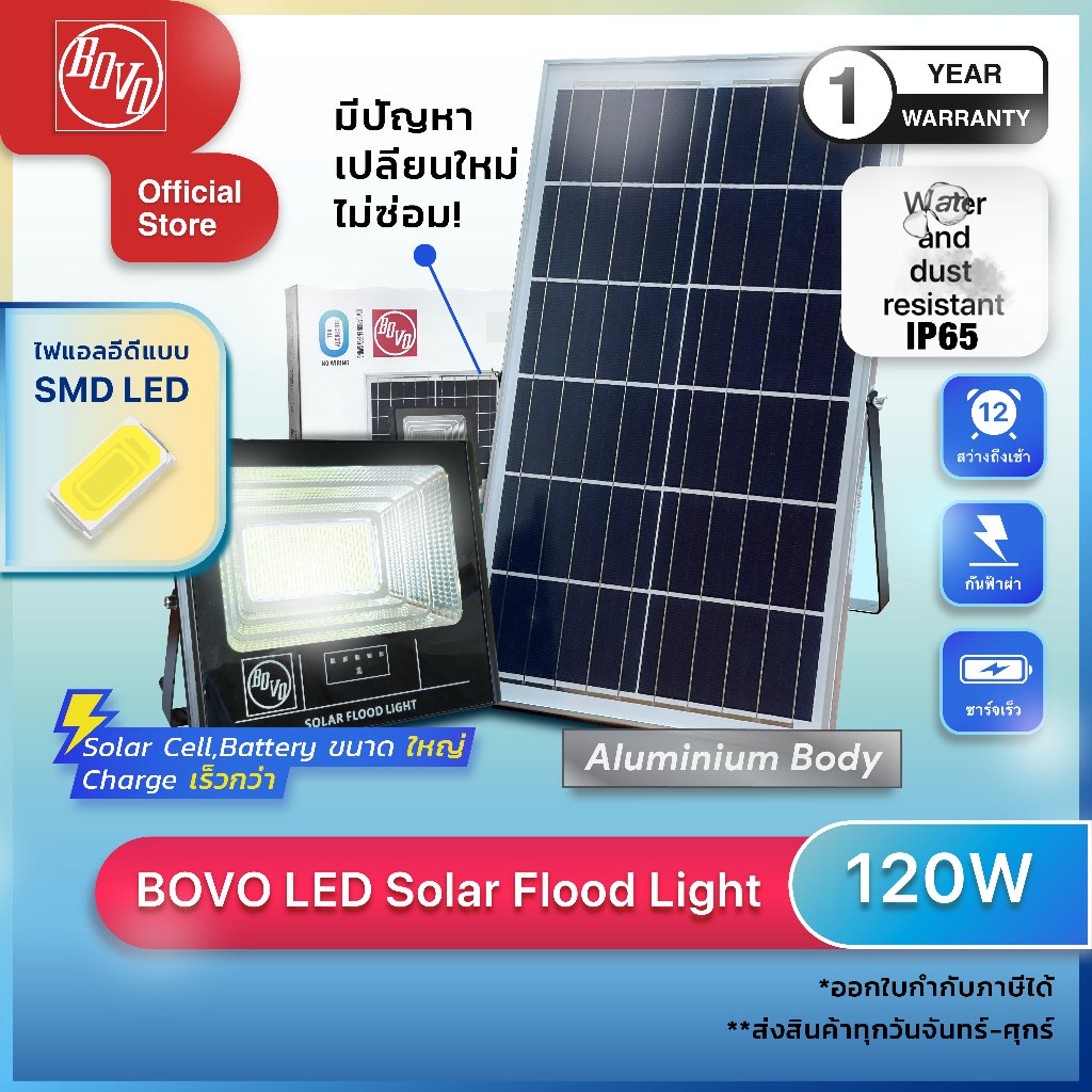 ใหม่ ไฟสปอร์ตไลท์ โซล่าเซลล์ โคมอลูมิเนียม กันน้ำกันฝุ่น BOVO Solar Flood Light Solar Cell 120W