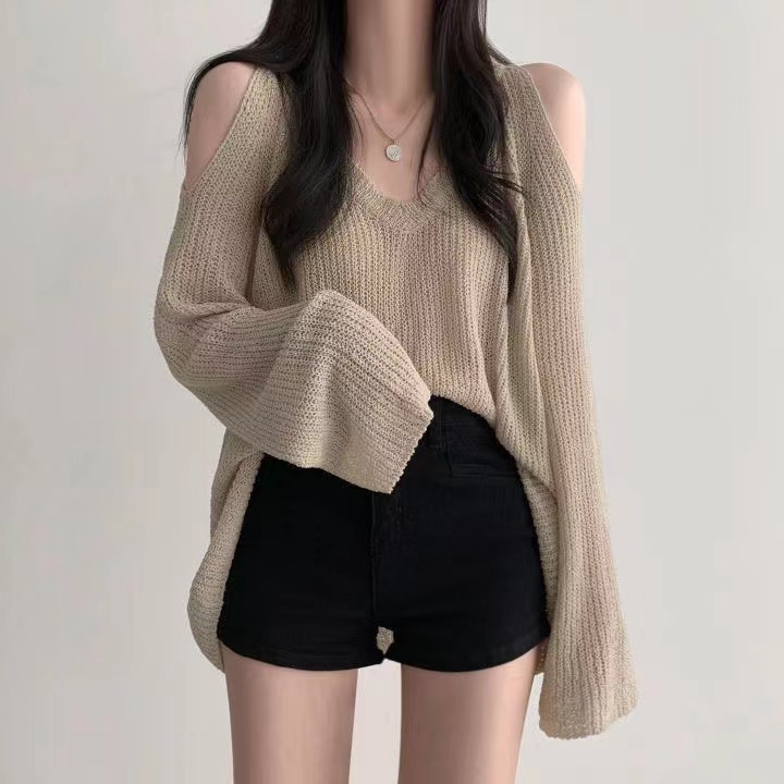 เสื้อเปิดไหล่แขนยาว ไหมพรม สไตล์เกาหลี ทรงหลวม สวมใส่สบาย