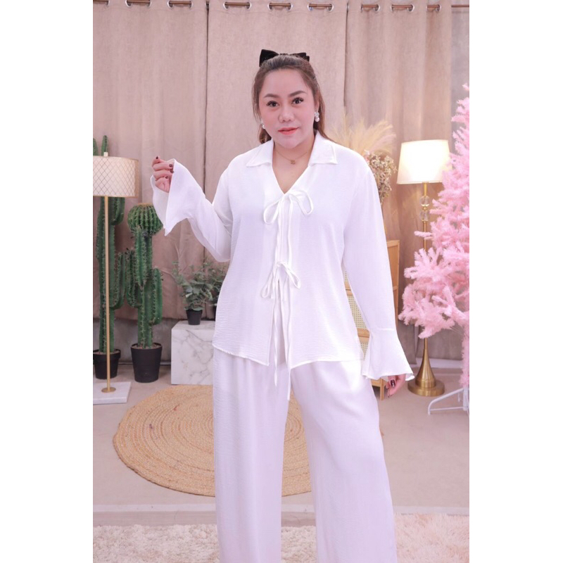 R38 ชุดเซ็ทสาวอวบ🍀หน้าผ้า54อกฟรีไซส์ 42-54 ผ้าสลาฟ คอวีแต่งโบว์ สีจริงบางสีจะเข้มกว่าในรูป1-2stepนะคะ
