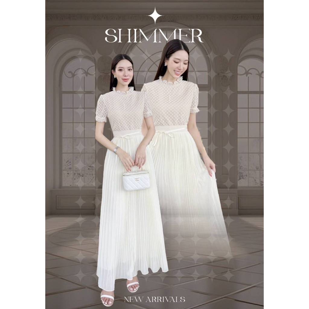 Shimmer Set เสื้อลูกไม้คอกลมแต่งระบาย แมทช์คู่กับกระโปรงชิฟฟอนอัดพลีทด้วยช่างมืออาชีพ1