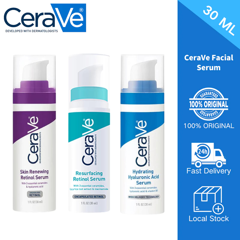การจัดส่งสินค้าของแท้，Cerave Retinol Serum /Resurfacing Serum /Hydrating Hyaluronic Acid serum 30ml.. ลดเลือนรอยสิว ลดร
