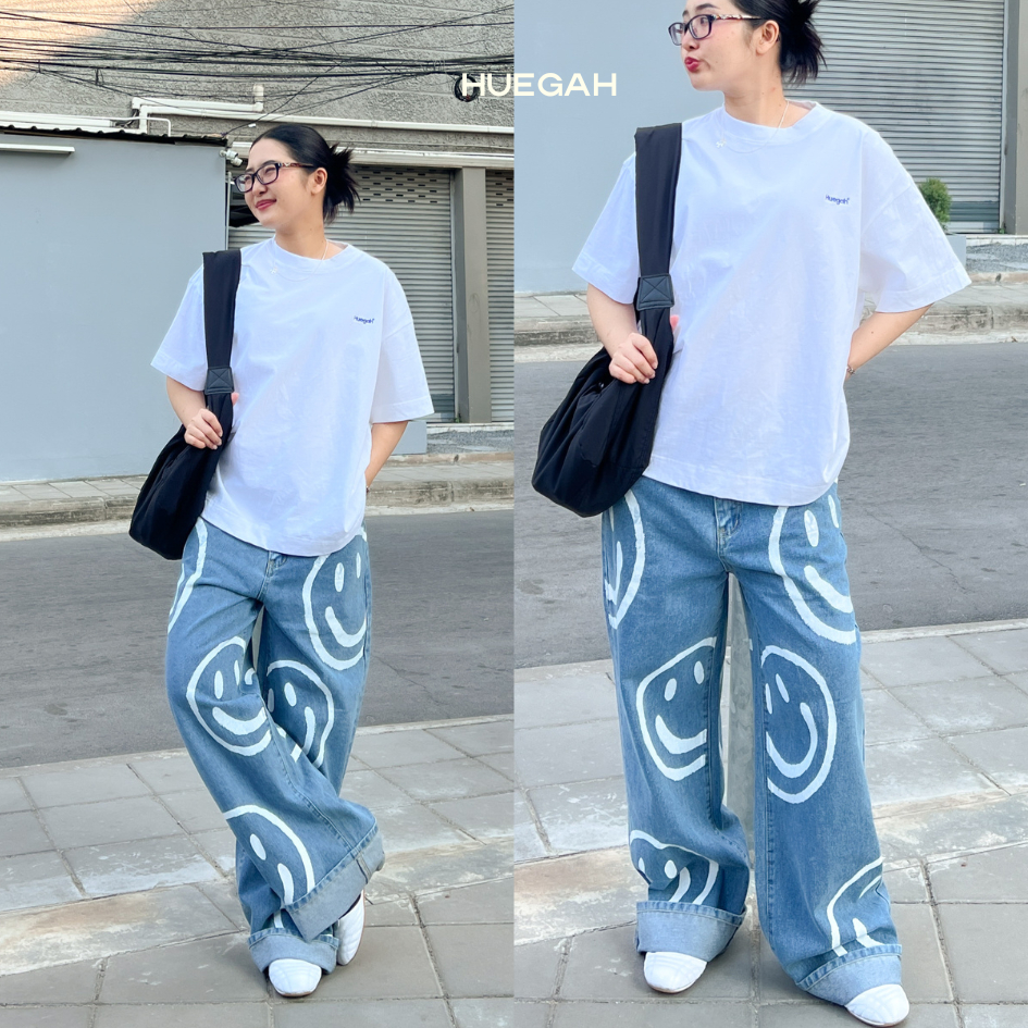 📍พร้อมส่ง 👈HUEGAH JEANS (S-11XL) กางเกงยีนส์ ขายาว สาวอวบ พิมพ์ลายยิ้ม