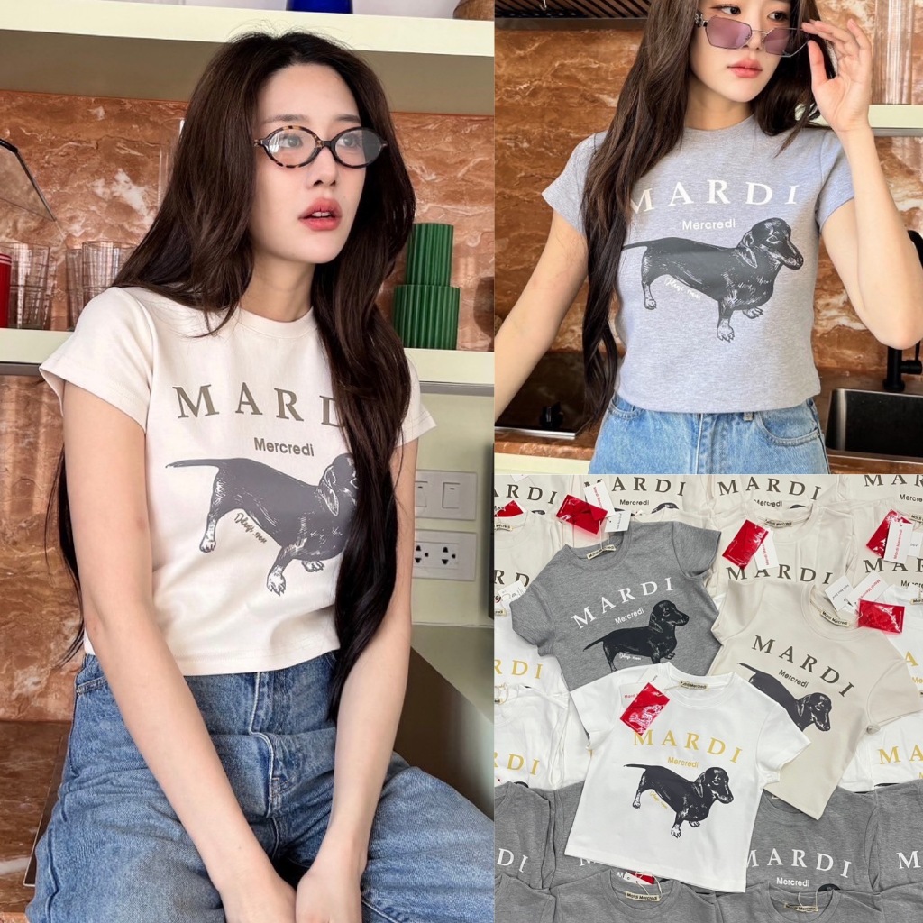 เสื้อยืดคอดลมทรงครอปแบรนด์ดัง ลายน้องหมาดัชชุนแบรนด์สุดฮิต งานชนช็อปแบรนด์ดังเกาหลีเลยค่าา ผ้ายืดหยุ่น ทรงสวย ใส่สบาย