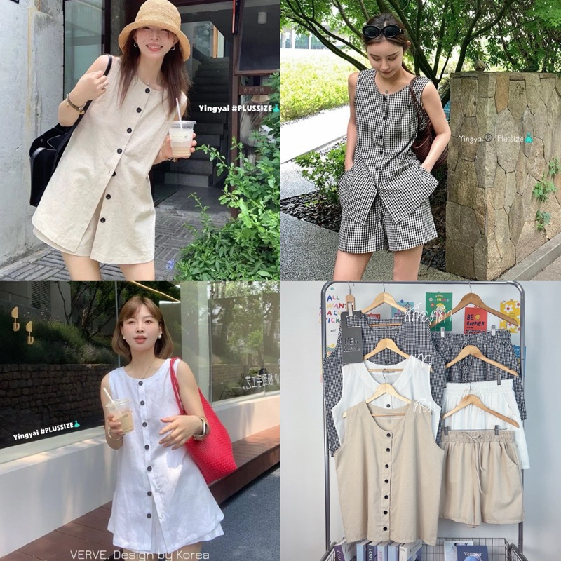 (YY) เซต เสื้อแขนกุด+กางเกงขาสั้น ใส่เป็นเอวี่เดย์ลุค หรือใส่เที่ยวชิวๆได้เลย เสื้อผ้าสาวอวบอ้วน พลัสไซส์ ไซส์ใหญ่