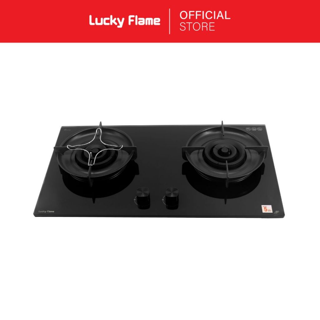 Lucky Flame เตาเเก๊สเเบบฝัง 2 หัว รุ่น LGS-9112 หน้ากระจกนิรภัย พร้อมขารองออกแบบพิเศษ