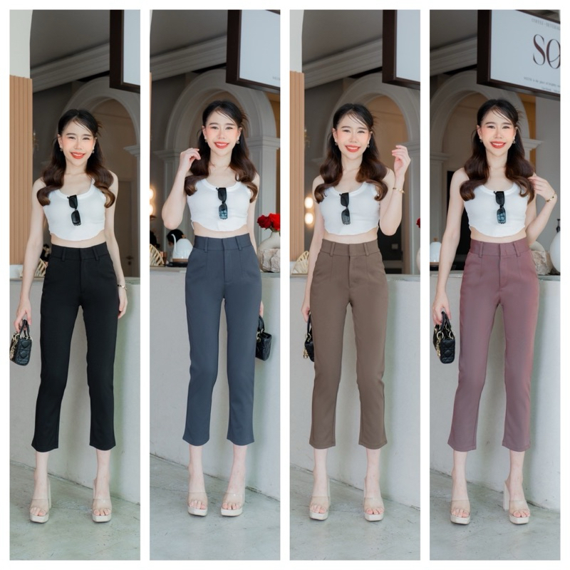 กางเกงผู้หญิงผ้าโรเชฟ ขาเดฟ ตะขอหน้า เอวสูง มีกระเป๋า (DY) [DY ]