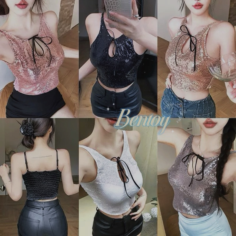 Bentoy(bratop801)เสื้อครอปสายเดี่ยว ผ้าปักเหลี่อม ทรงคอวี มีเชือก​ผูกตรงอก ดีไซน์ทันสมัย