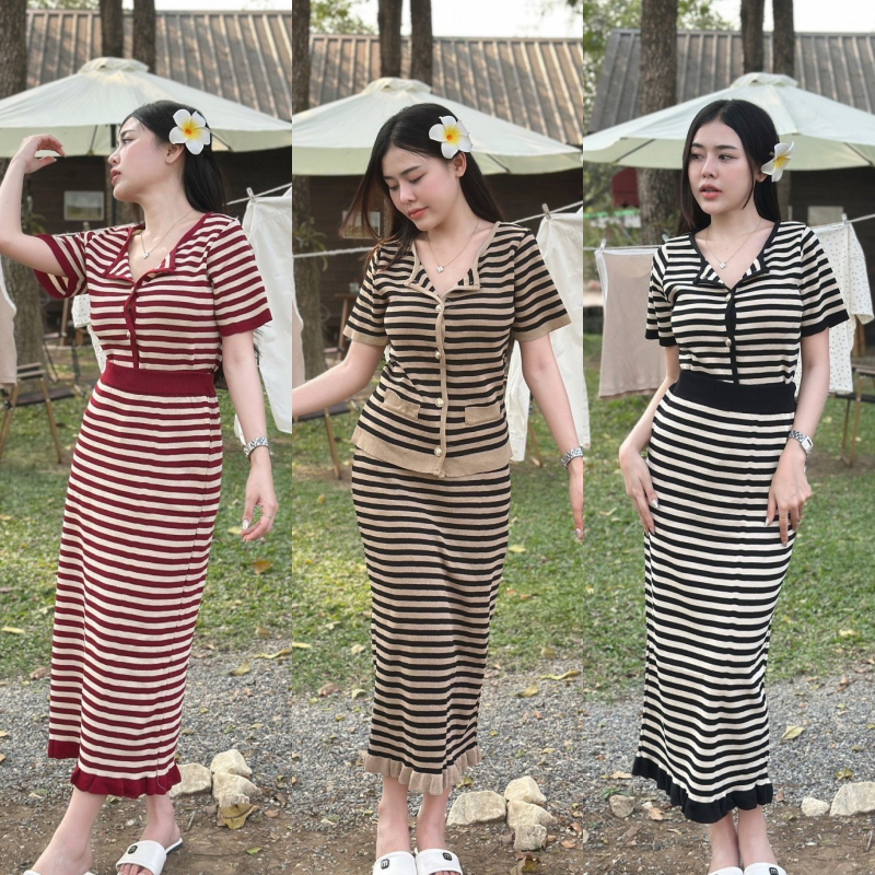 ชุดเซ็ต2ชิ้น พร้อมส่ง งานผ้าไหมพรมยืดเยอะ สาวอวบใส่ได้ เสื้อคอปกแขนสั้น+กระโปรงยาวทอลายสลับสี ใส่ออกงานได้ รุ่น วันเด็ก