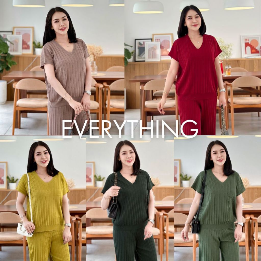 Everything2019 ชุดเช็ตไหมพรม 2 ชิ้น ผ้าร่อง เสื้อคอวี+กางเกง ไซส์ใหญ่ (8420)