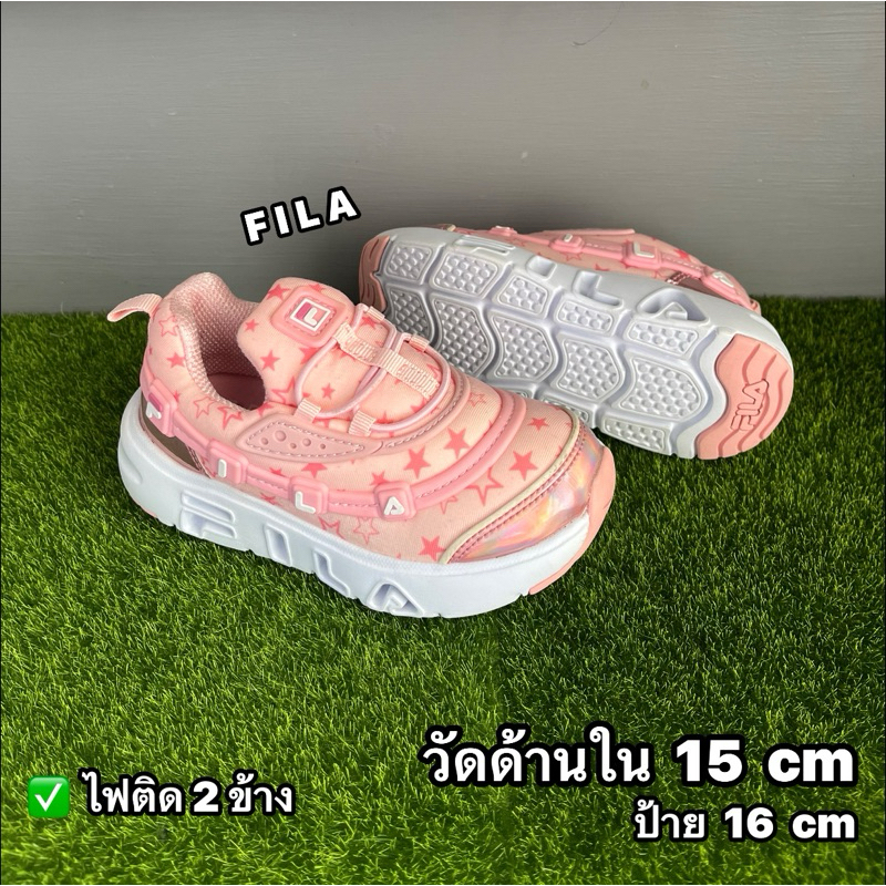 รองเท้าเด็กมือสองสภาพดี มือ 2 สลิปออน นุ่ม เบา สีชมพู มีไฟ FILA 15 cm