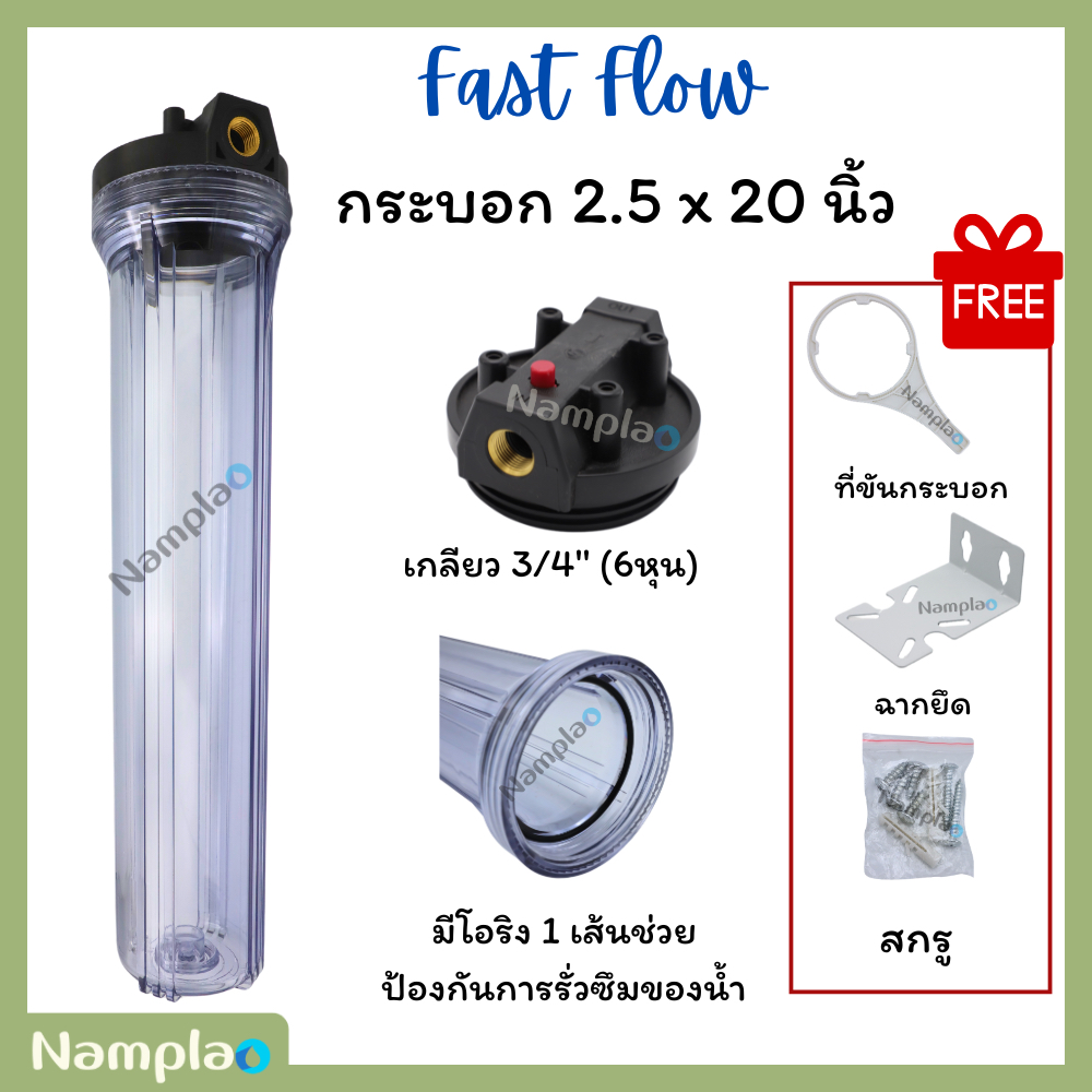 Fast Flow เฮ้าส์ซิ่ง กระบอกกรองน้ำ ใส 20 นิ้ว เกลียวทองเหลือง รูน้ำเข้า-ออก 1/2"(4 หุน) Housing