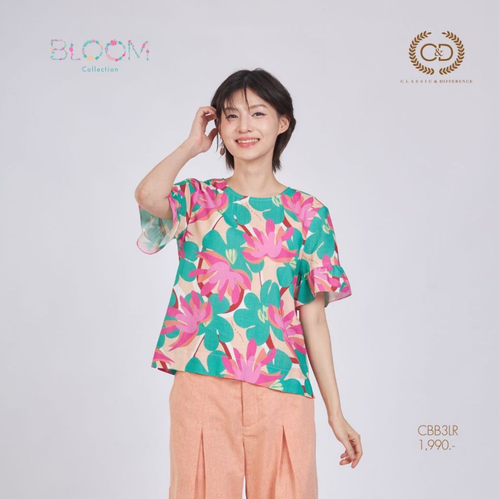 C&D Woman's blouse Bloom เสื้อผู้หญิง แขนสั้น ระบายปลายแขน สีชมพู CBB3LR