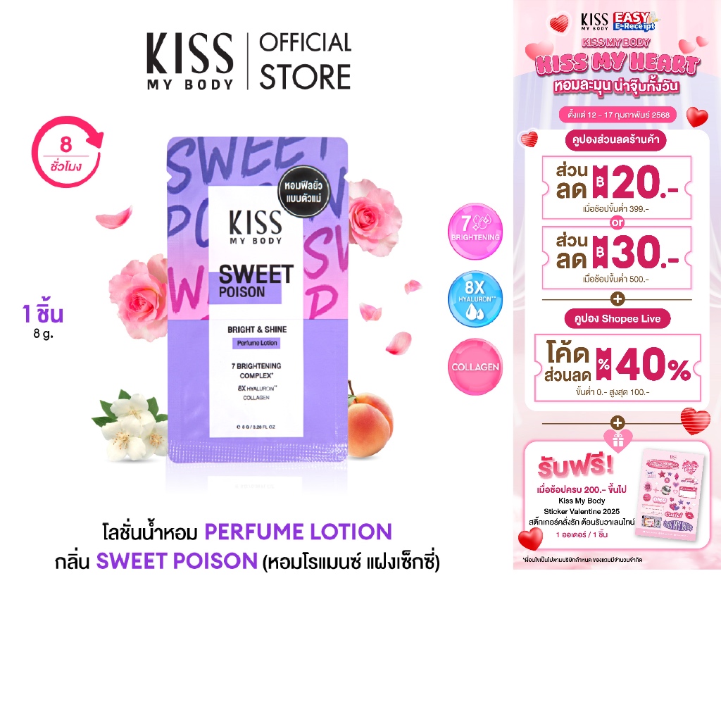 ครีมซอง Kiss My Body โลชั่นน้ำหอม บำรุงผิว Bright & Shine Perfume Lotion กลิ่น Sweet Poison 8 g.