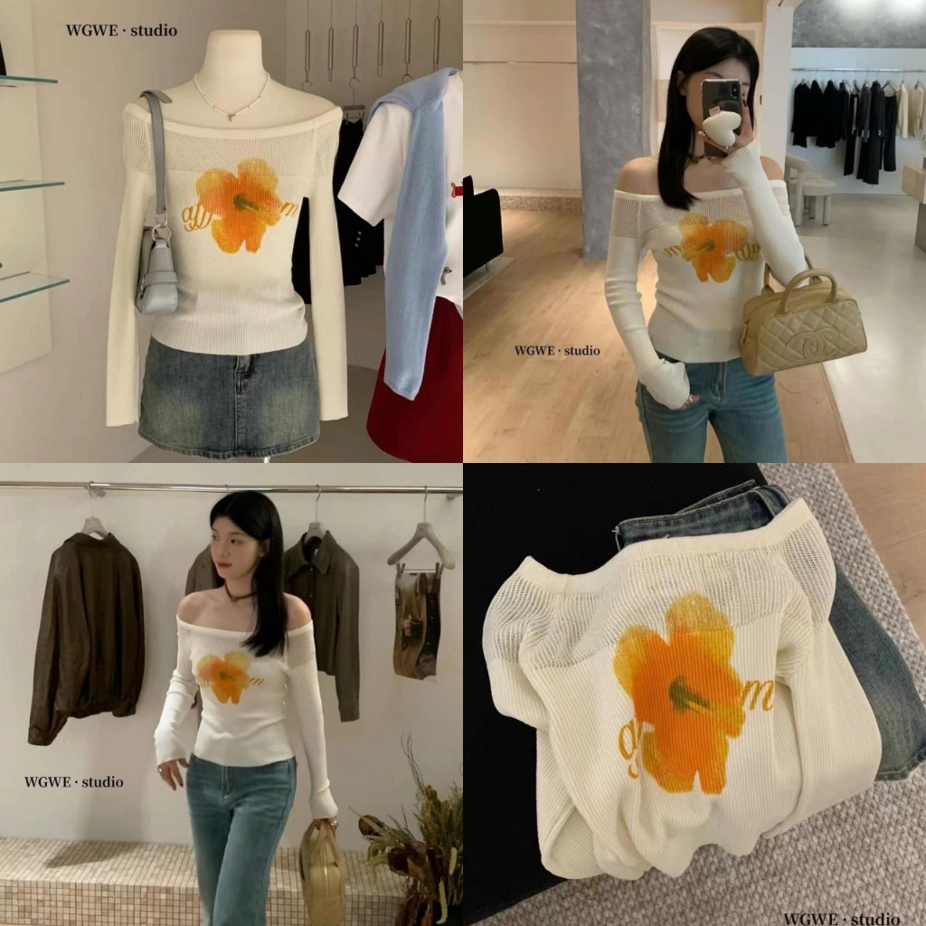 พร้อมส่งtag ป้ายwgweเสื้อปาดไหล่ไหมพรมนิ่ม ผ้าไม่คัน ลายดอกชบาน่ารักมาก ทรงสวยใส่สบายสุดๆ 2573