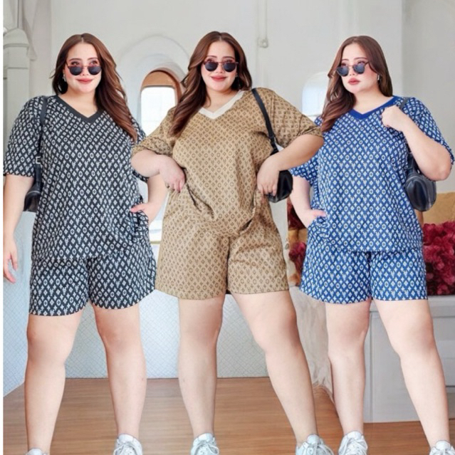 ชุดเซ็ต เสื้อคอวี + กางเกงขาสั้น ผ้ายืดทอลาย ลายใหม่ 40"-60"