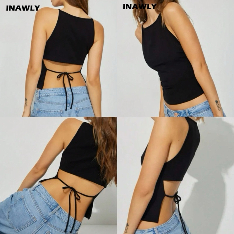 INAWLY เสื้อกล้าม ผู้หญิง ผูก มัดปม คัตเอาท์ ด้านหลัง แขนกุด