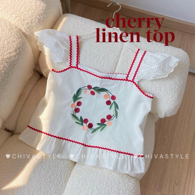 -𝐂𝐡𝐢𝐯𝐚- พร้อมส่ง Cherry linen top | เสื้อครอปแขนระบายลูกไม้ผ้าลินิน งานปัก