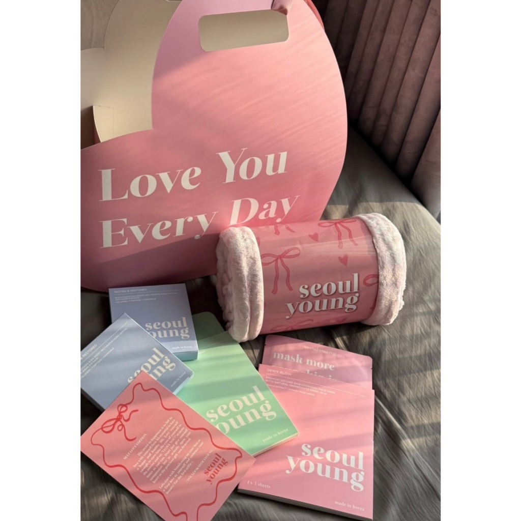 Giftset มาร์คหน้า เกาหลี Seoulyoung , ผ้าห่มนาโนขนนุ่ม ถุงของขวัญรูปหัวใจ