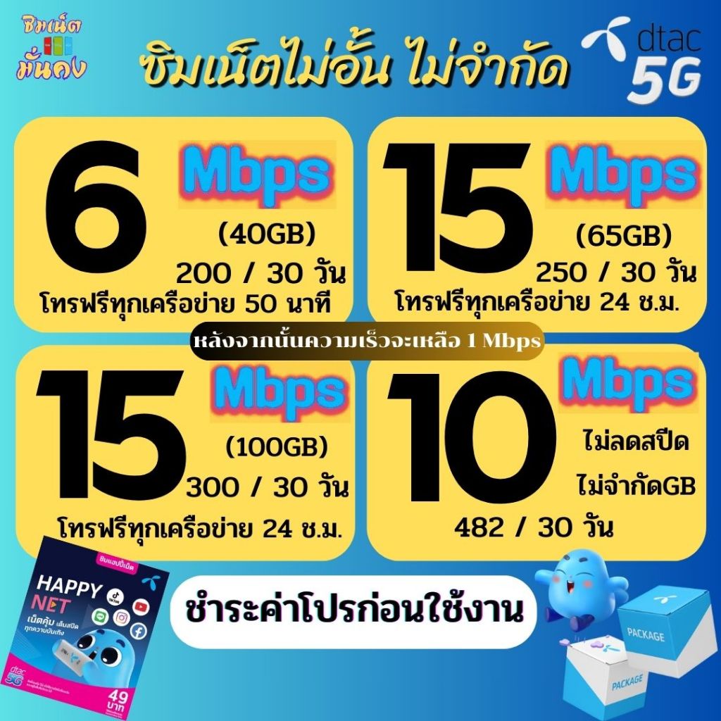 ซิมเทพ Dtac ความเร็ว 4 - 100  Mbpsไม่อั้น ไม่จำกัด + โทรฟรีทุกเครือข่าย ชำระค่าโปรก่อนใช้งาน ***สั่ง