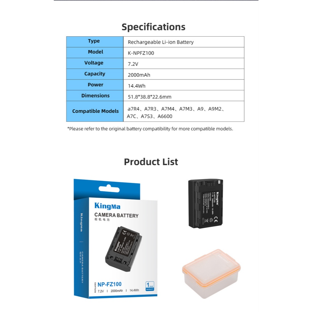 KingMa แบตเตอรี่ NP-FZ100 NP-FZ100 สำหรับ โซนี่ Sony A9 A7IV A7III A7RIII A6600 A7R3 A7R4 A7M4 ZV-E1