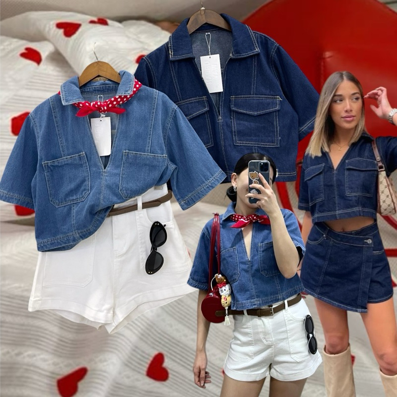 zr polo jean crop top. เสื้อเนื้อผ้ายีนส์อย่างดี เป็นคอวี แบบมีปก แต่ง pocket 2 ฝั่ง