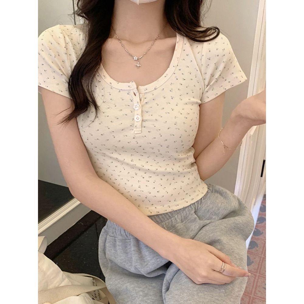 เสื้อครอป สายเดี่ยวครอป  หวานน่ารัก ลายดอกไม้ ยืดได้ คอกลม #0202645 - รูปที่ 6