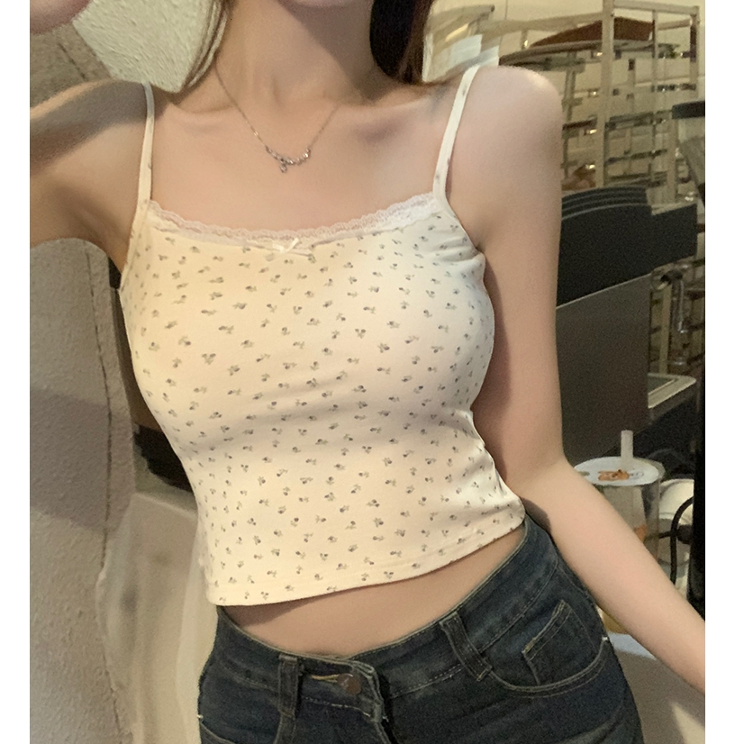 เสื้อครอป สายเดี่ยวครอป  หวานน่ารัก ลายดอกไม้ ยืดได้ คอกลม #0202645 - รูปที่ 2