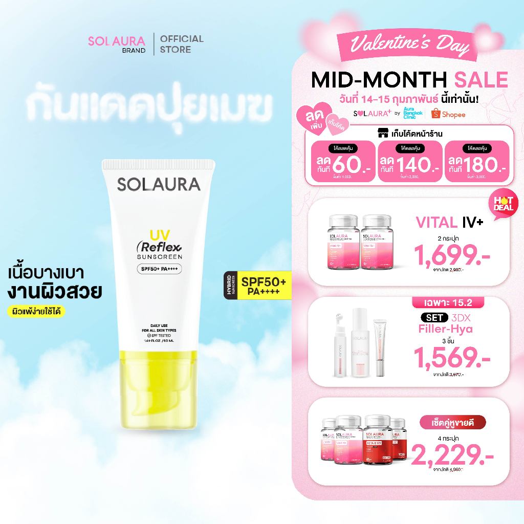 SOLAURA(โซลอร่า) - UV Reflex Sunscreen SPF50+ PA++++ กันแดดปุยเมฆ บางเบา เพิ่มความชุ่มชื้น